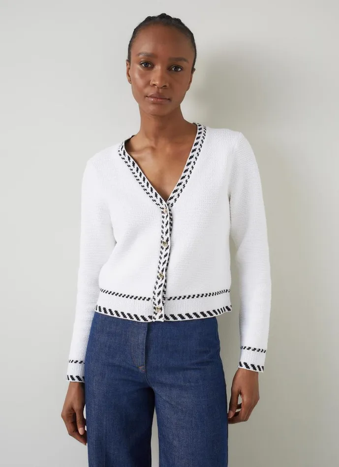 LKBennett Knitwear Women River Cream and Black Boxy Textured Cardigan