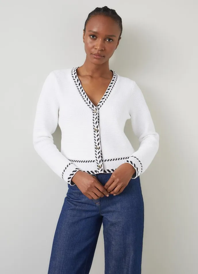 LKBennett Knitwear Women River Cream and Black Boxy Textured Cardigan