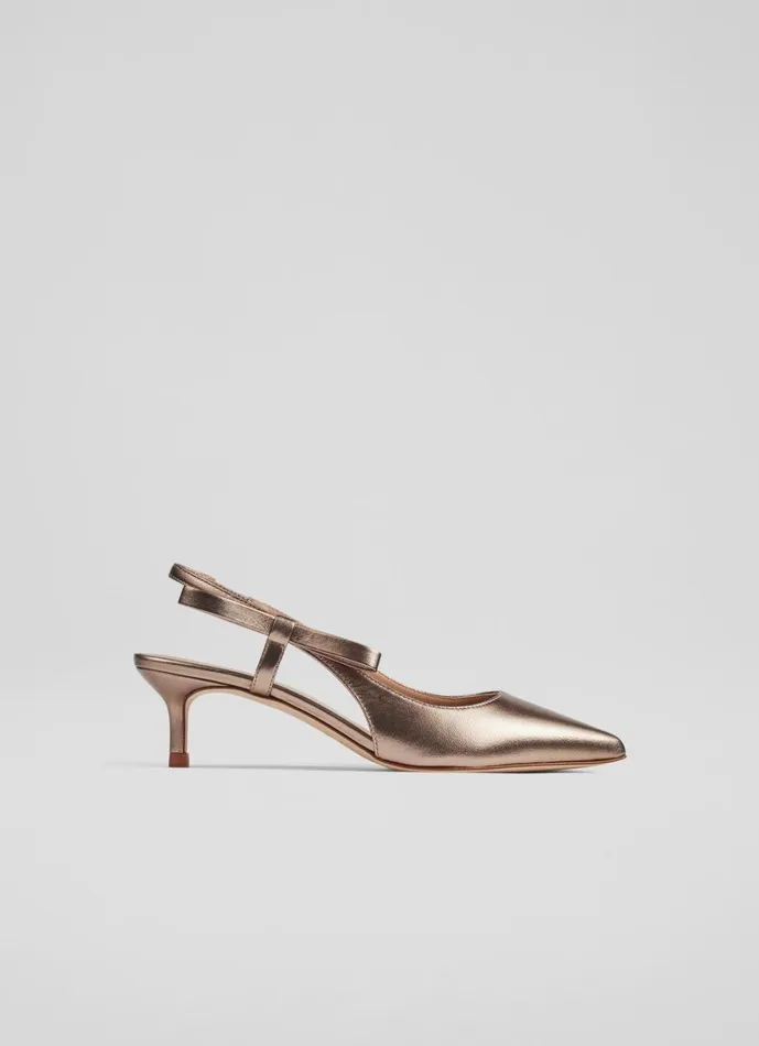 LKBennett Slingbacks Women Barette Brown Leather Metallic Bow Kitten Heels