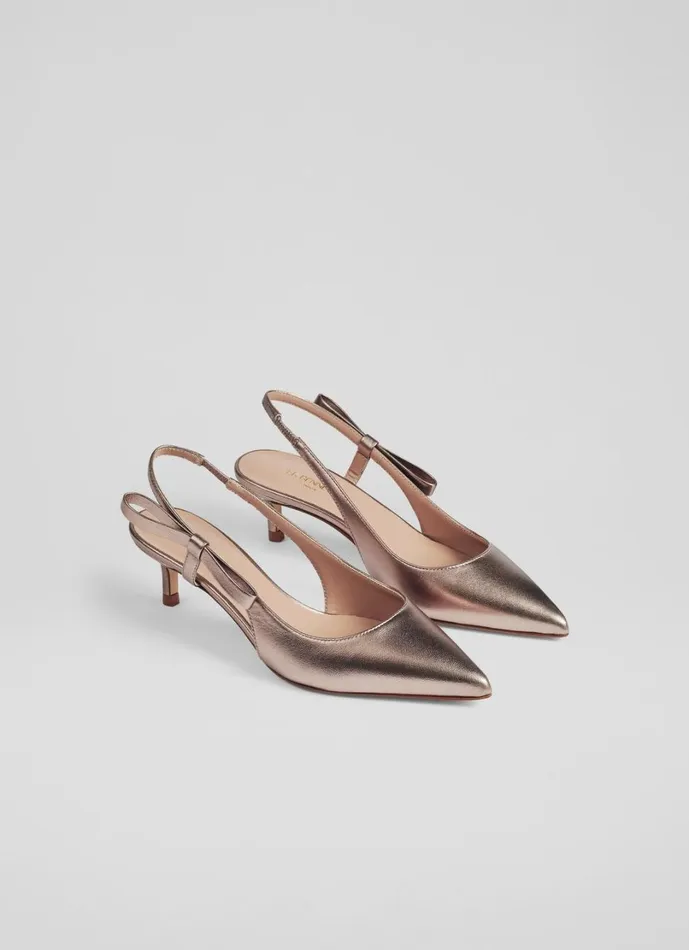 LKBennett Slingbacks Women Barette Brown Leather Metallic Bow Kitten Heels LKBennett Slingbacks Women Barette Brown Leather Metallic Bow Kitten Heels