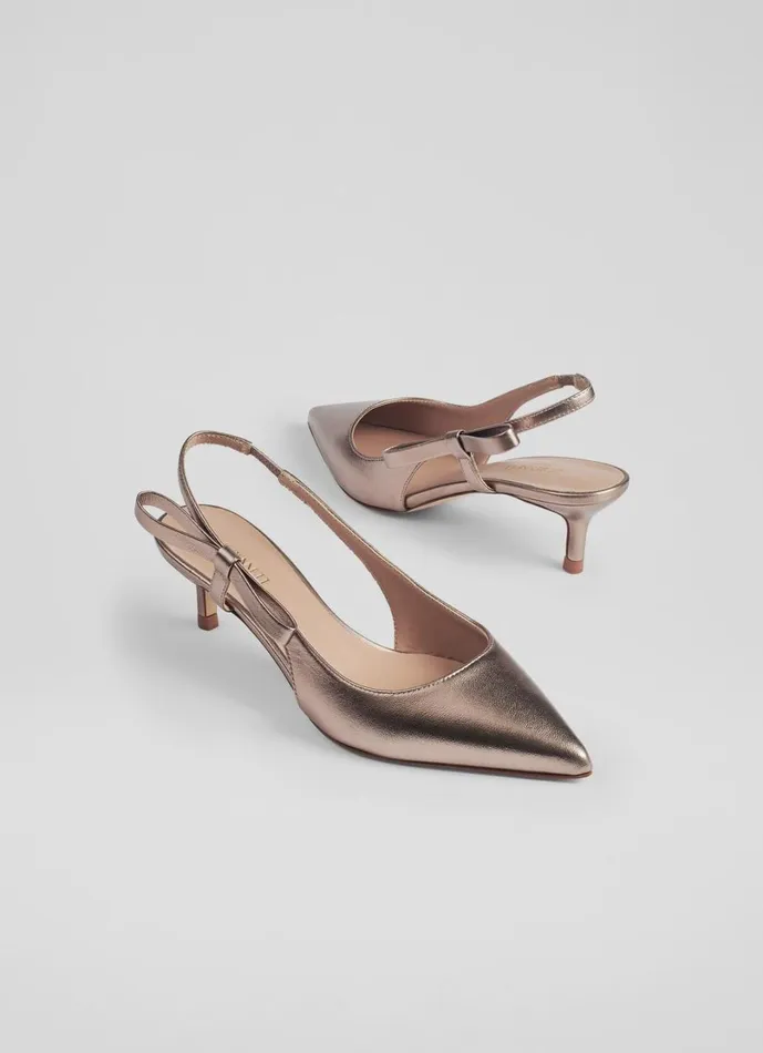 LKBennett Slingbacks Women Barette Brown Leather Metallic Bow Kitten Heels LKBennett Slingbacks Women Barette Brown Leather Metallic Bow Kitten Heels