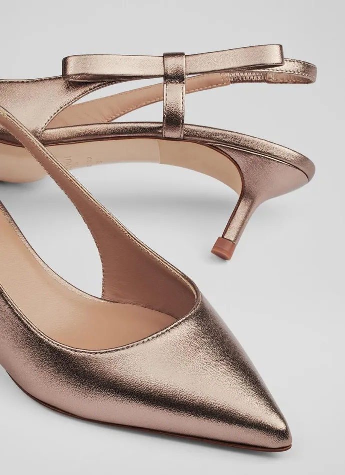 LKBennett Slingbacks Women Barette Brown Leather Metallic Bow Kitten Heels LKBennett Slingbacks Women Barette Brown Leather Metallic Bow Kitten Heels