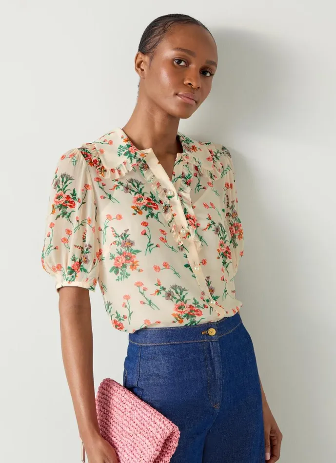 LKBennett Tops Women Flora Ecru Wildflower Ruffle Blouse