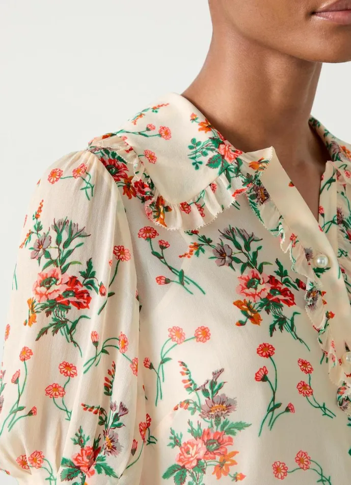 LKBennett Tops Women Flora Ecru Wildflower Ruffle Blouse LKBennett Tops Women Flora Ecru Wildflower Ruffle Blouse