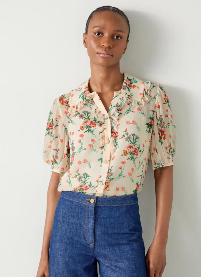 LKBennett Tops Women Flora Ecru Wildflower Ruffle Blouse LKBennett Tops Women Flora Ecru Wildflower Ruffle Blouse
