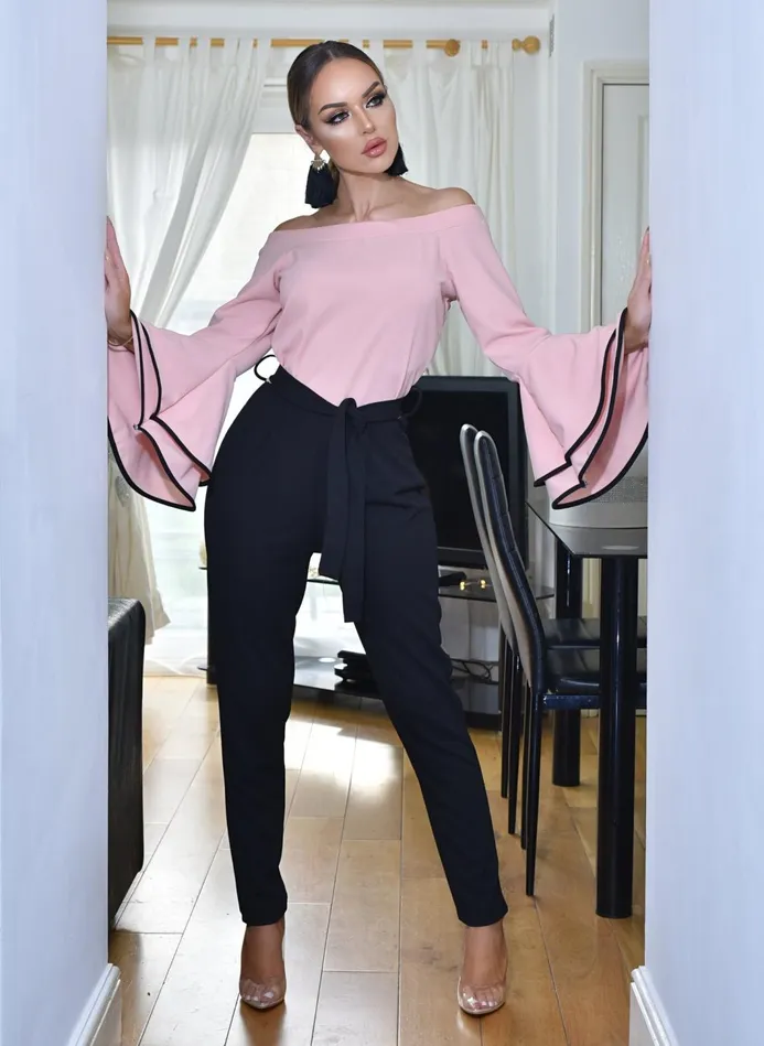 Larissa Pink Contrasting Flute Sleeve Off The Shoulder Jumpsuit Women Missfiga Jumpsuits