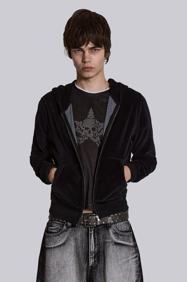 Loungewear Men Shop Black Velour Mini Monster Hoodie Jaded London