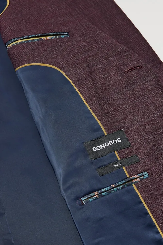 Men Bonobos Blazers and Sport Coats Jetsetter Stretch Wool Suit Jacket Burgundy Check