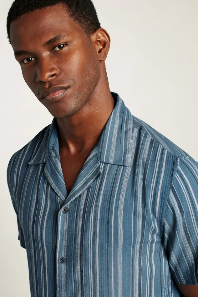 Men Bonobos Short Sleeve Shirts Limited Edition Riviera Cabana Shirt Blue Orion Stripe
