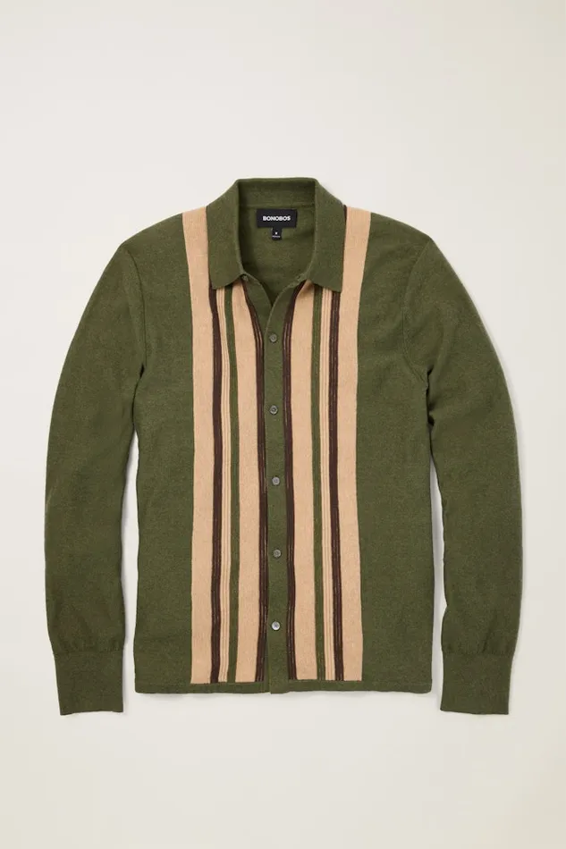 Men Bonobos Sweater Polos Hudson Long Sleeve Sweater Polo Green Cotton Cashmere Stripe Men Bonobos Sweater Polos Hudson Long Sleeve Sweater Polo Green Cotton Cashmere Stripe