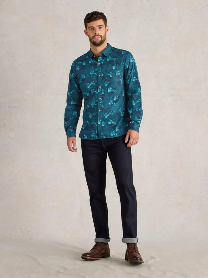 Men Dark Floral Printed Shirt Blue Print White Stuff Shirts