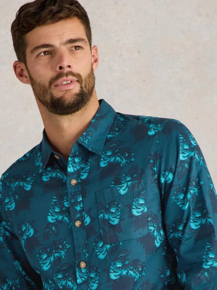Men Dark Floral Printed Shirt Blue Print White Stuff Shirts