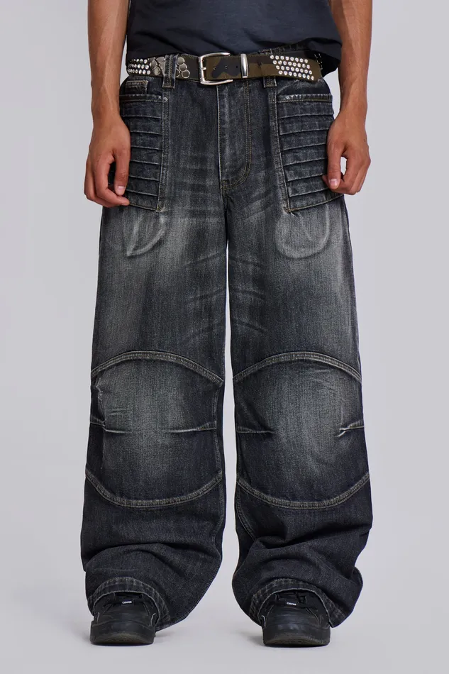 Men Denim Jaded London Washed Black Biker Colossus Jeans