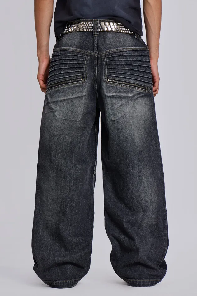 Men Denim Jaded London Washed Black Biker Colossus Jeans