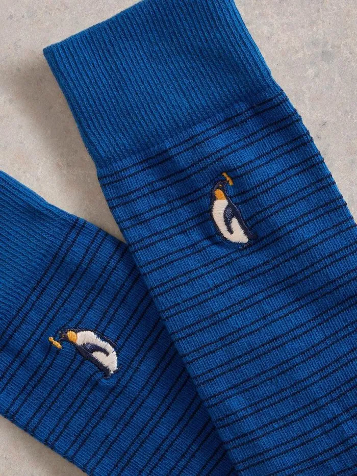 Men Embroidered Penguin Ankle Sock Teal Multi White Stuff Socks
