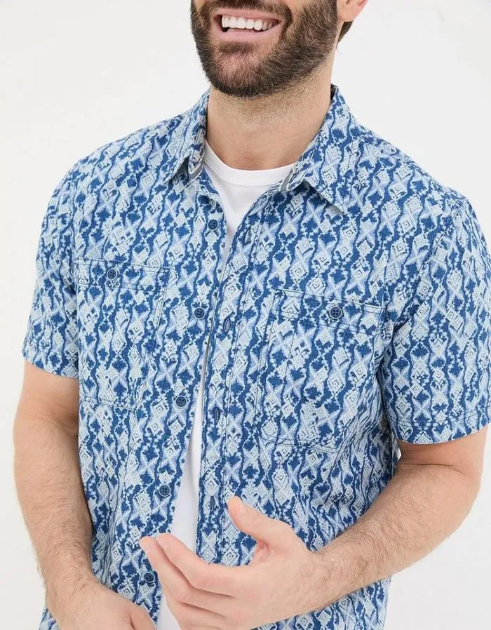 Men FatFace Shirts Indigo Ikat Print Shirt Blue
