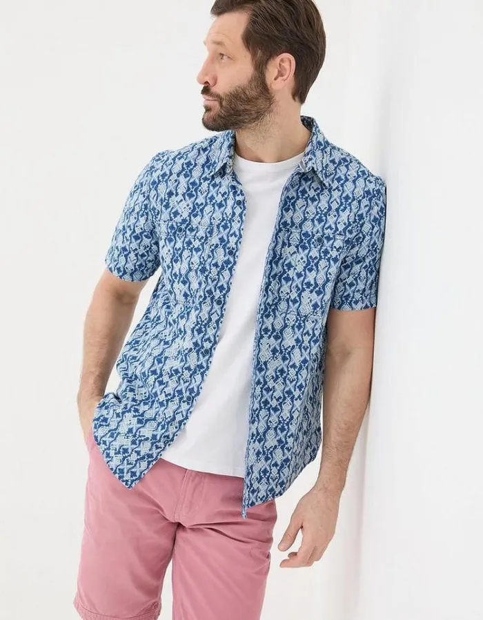 Men FatFace Shirts Indigo Ikat Print Shirt Blue