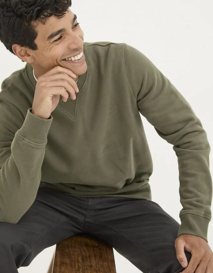 Men FatFace Sweatshirts and Hoodies Brooke Crew Neck Sweatshirt Khaki Green
