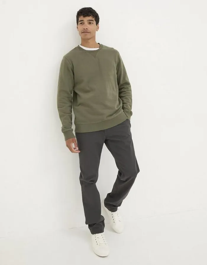 Men FatFace Sweatshirts and Hoodies Brooke Crew Neck Sweatshirt Khaki Green
