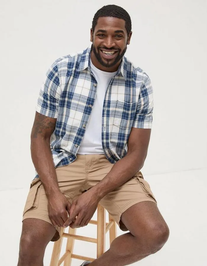 Men FatFace Vacation Shop Short Sleeve Carson Check Shirt Navy