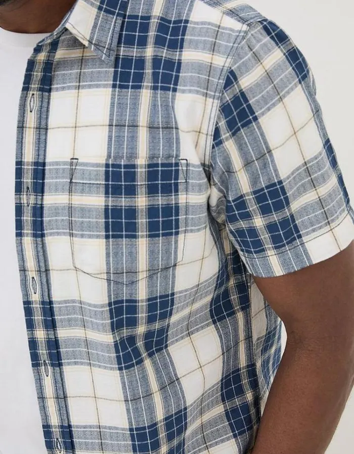 Men FatFace Vacation Shop Short Sleeve Carson Check Shirt Navy