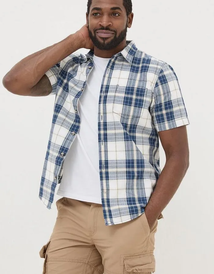 Men FatFace Vacation Shop Short Sleeve Carson Check Shirt Navy