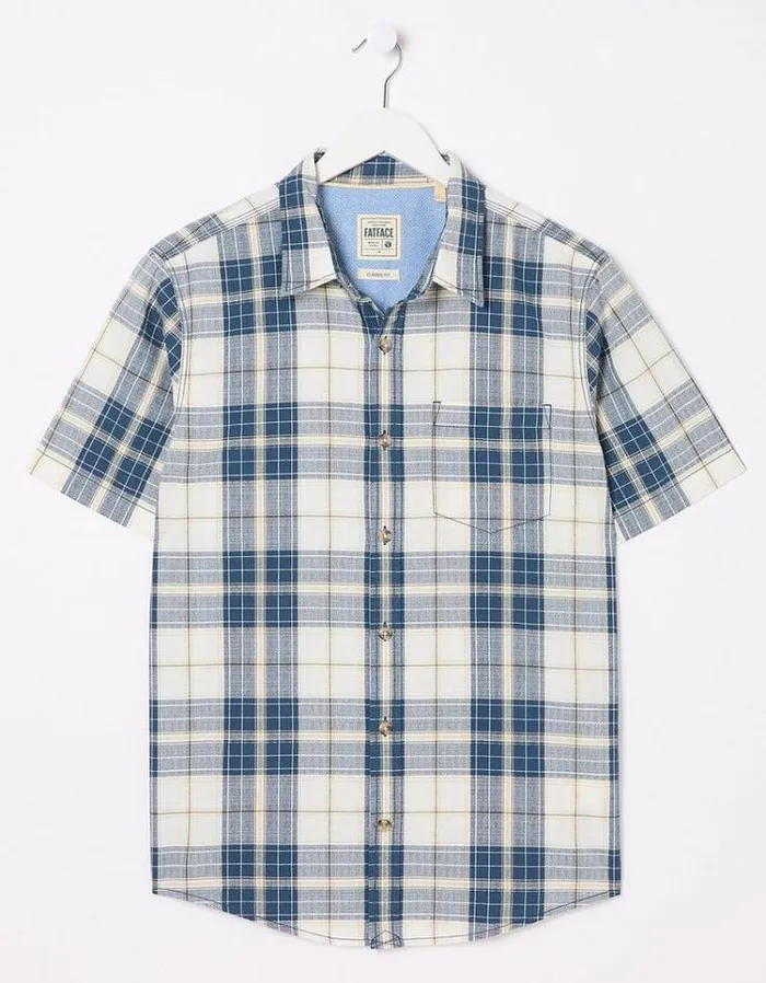 Men FatFace Vacation Shop Short Sleeve Carson Check Shirt Navy