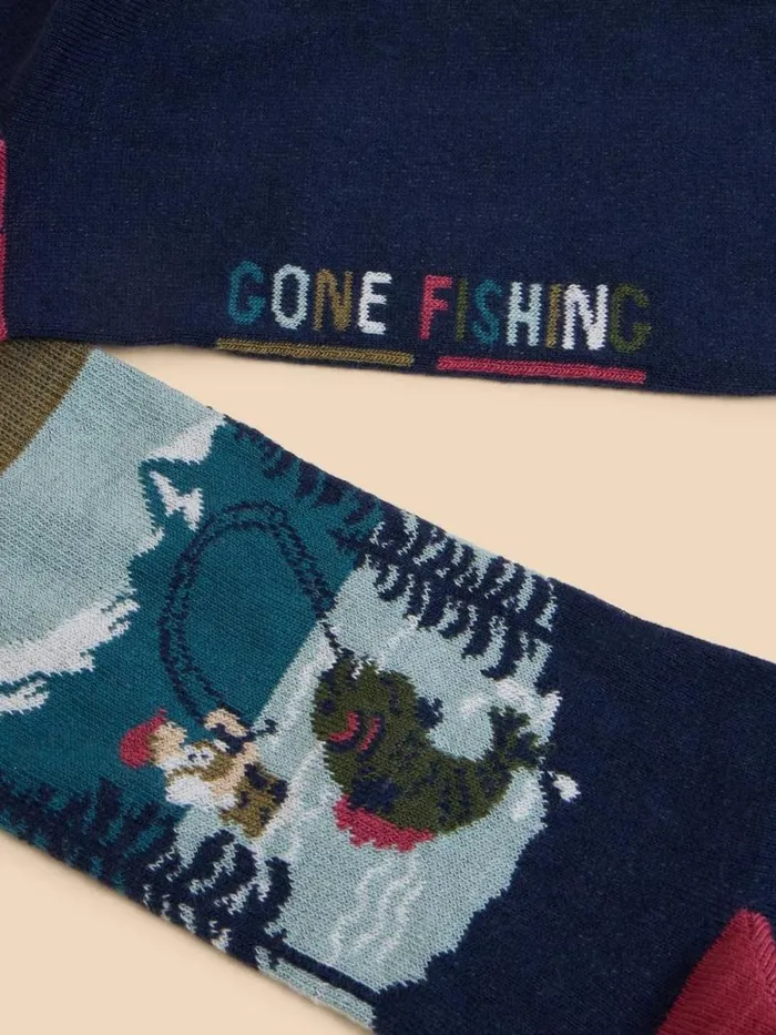 Men Fishing Scene Ankle Sock Blue Multi White Stuff Socks