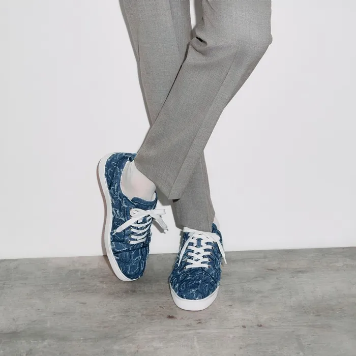 Men Louis Junior Sneakers 8211 Denim Embroidered 8211 Denim Christian Louboutin Sneakers