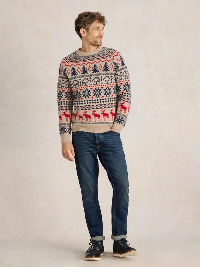 Men Moose Fairisle Wool Crew Jumper Natural Multi White Stuff Knitwear
