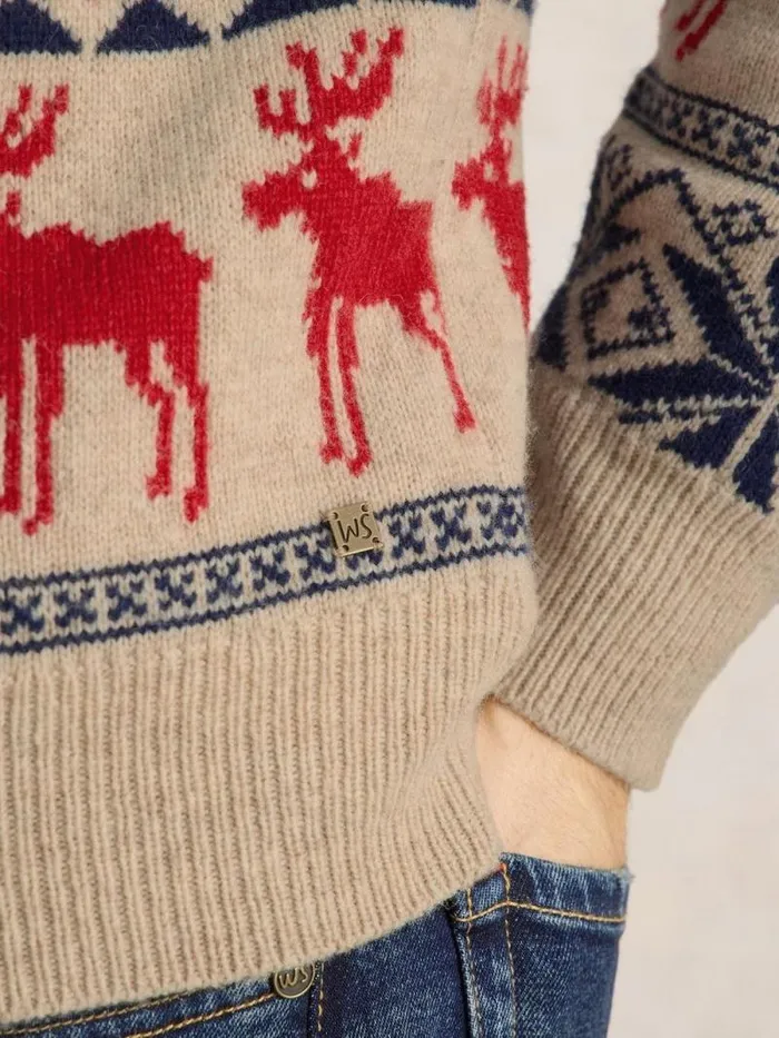 Men Moose Fairisle Wool Crew Jumper Natural Multi White Stuff Knitwear