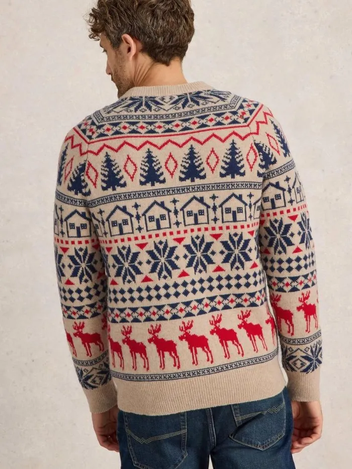 Men Moose Fairisle Wool Crew Jumper Natural Multi White Stuff Knitwear
