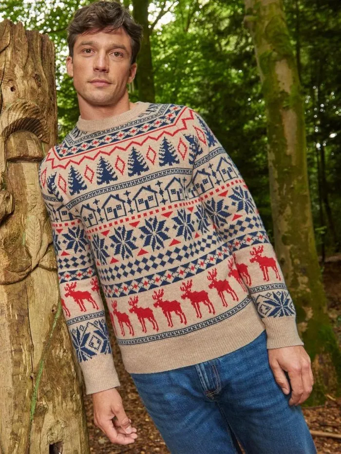 Men Moose Fairisle Wool Crew Jumper Natural Multi White Stuff Knitwear