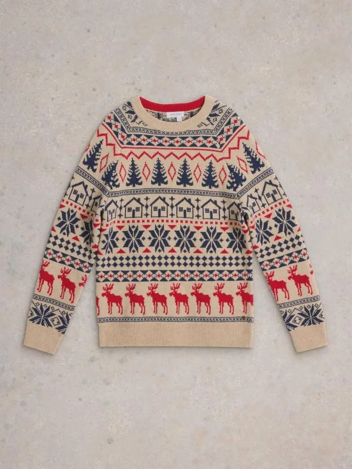 Men Moose Fairisle Wool Crew Jumper Natural Multi White Stuff Knitwear