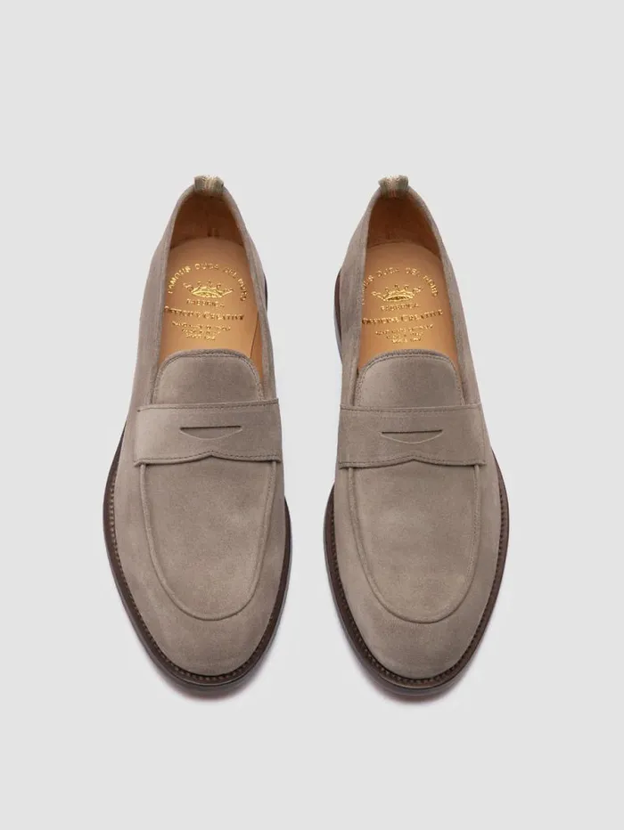 Men Officine Creative Footwear OPERA 001 Taupe Suede Penny Loafers Men Officine Creative Footwear OPERA 001 Taupe Suede Penny Loafers