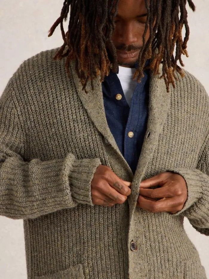 Men Shawl Neck Nep Wool Cardigan Natural Multi White Stuff Knitwear Men Shawl Neck Nep Wool Cardigan Natural Multi White Stuff Knitwear