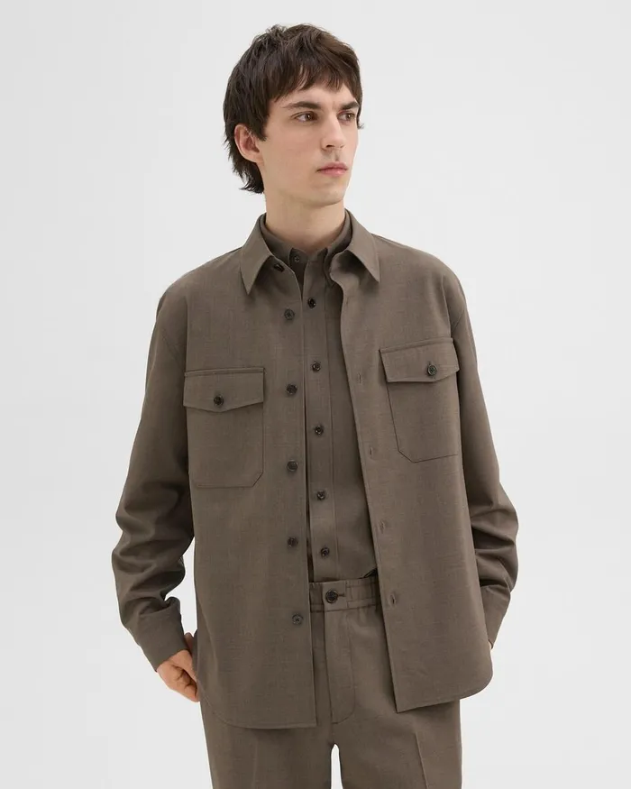 Men Theory Shirts Garvin Shirt Jacket In Stretch Wool Fossil Melange