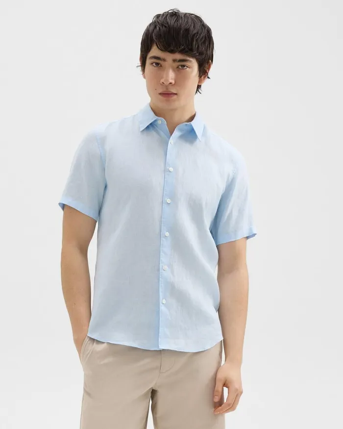 Men Theory Shirts Irving ShortSleeve Shirt In Relaxed Linen Skylight