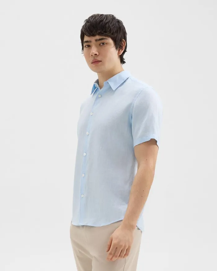 Men Theory Shirts Irving ShortSleeve Shirt In Relaxed Linen Skylight
