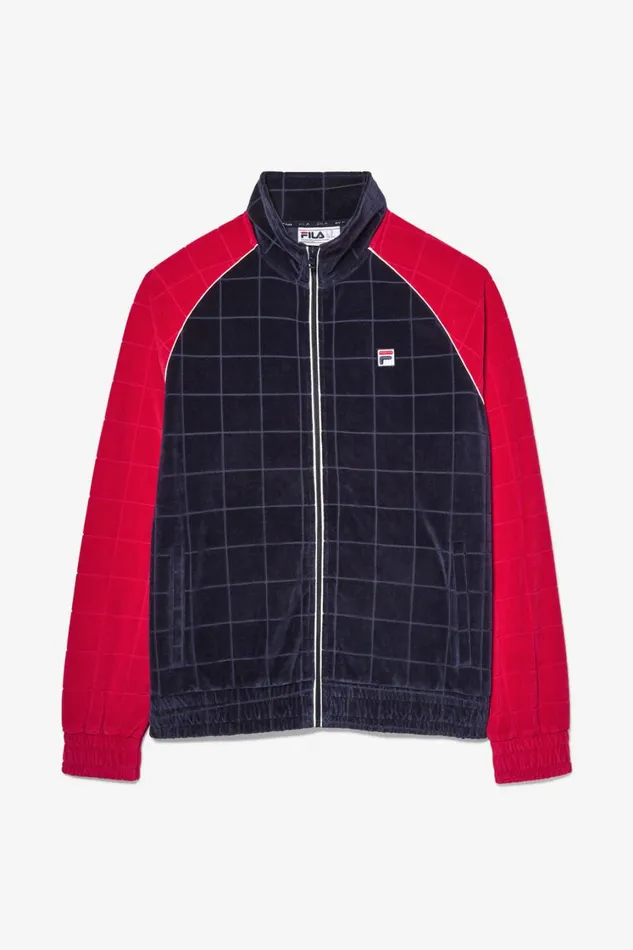 Men Velour Sets Fila Ivy League Debossed Check Velour Jacket 488 Fila Navy Fila Red Gardenia