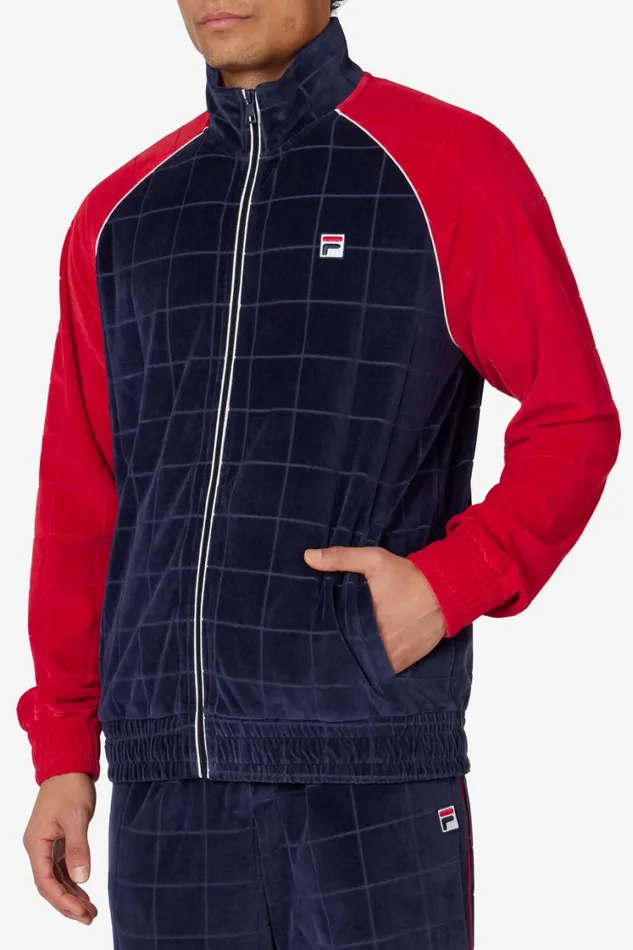 Men Velour Sets Fila Ivy League Debossed Check Velour Jacket 488 Fila Navy Fila Red Gardenia