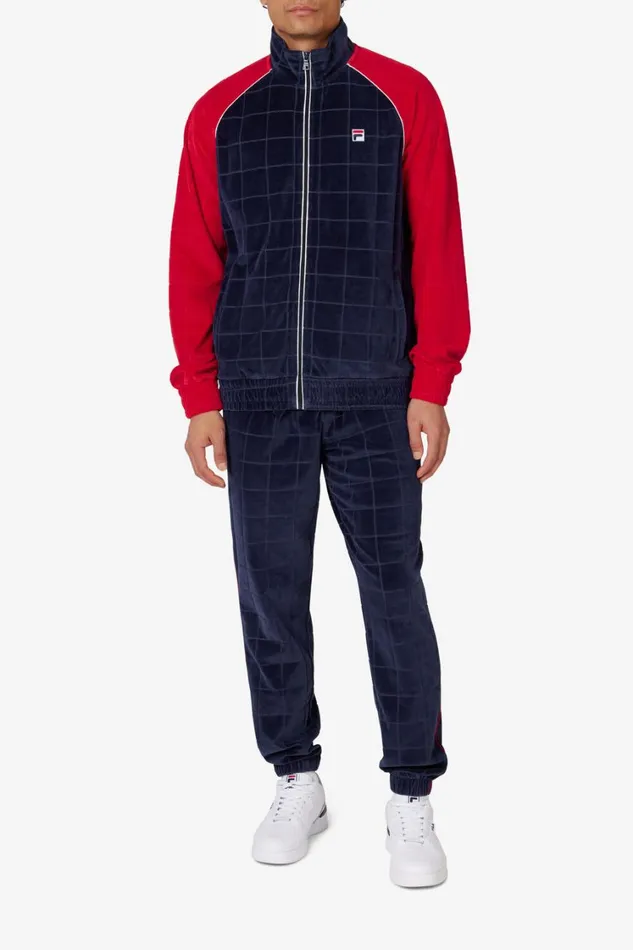Men Velour Sets Fila Ivy League Debossed Check Velour Jacket 488 Fila Navy Fila Red Gardenia