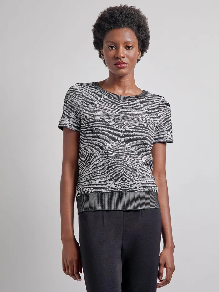 Misook Animal Print Short Sleeve Soft Knit Top Women Tops and Tees
