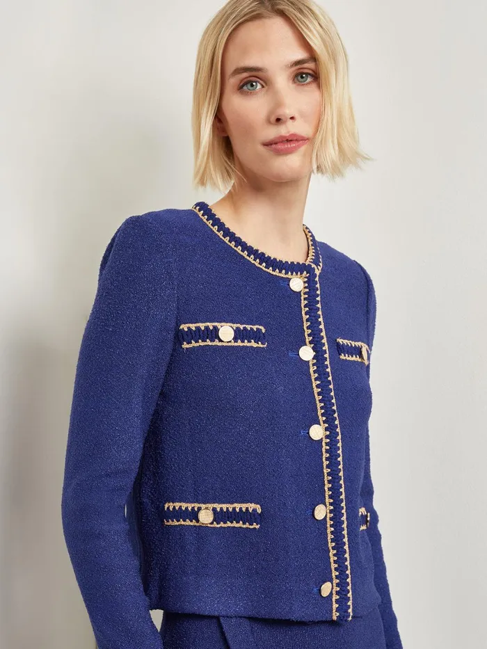Misook Braided Trim Boucle Knit Jacket Women Jackets and Coats Misook Braided Trim Boucle Knit Jacket Women Jackets and Coats