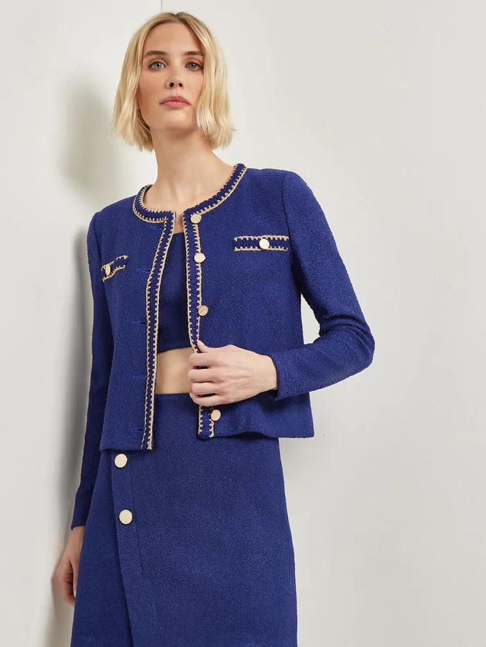 Misook Braided Trim Boucle Knit Jacket Women Jackets and Coats Misook Braided Trim Boucle Knit Jacket Women Jackets and Coats