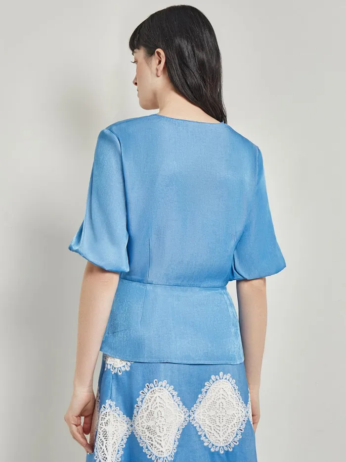 Misook Crossover Peplum Blouse 8211 Puff Sleeve Woven Women Blouses and Shirts