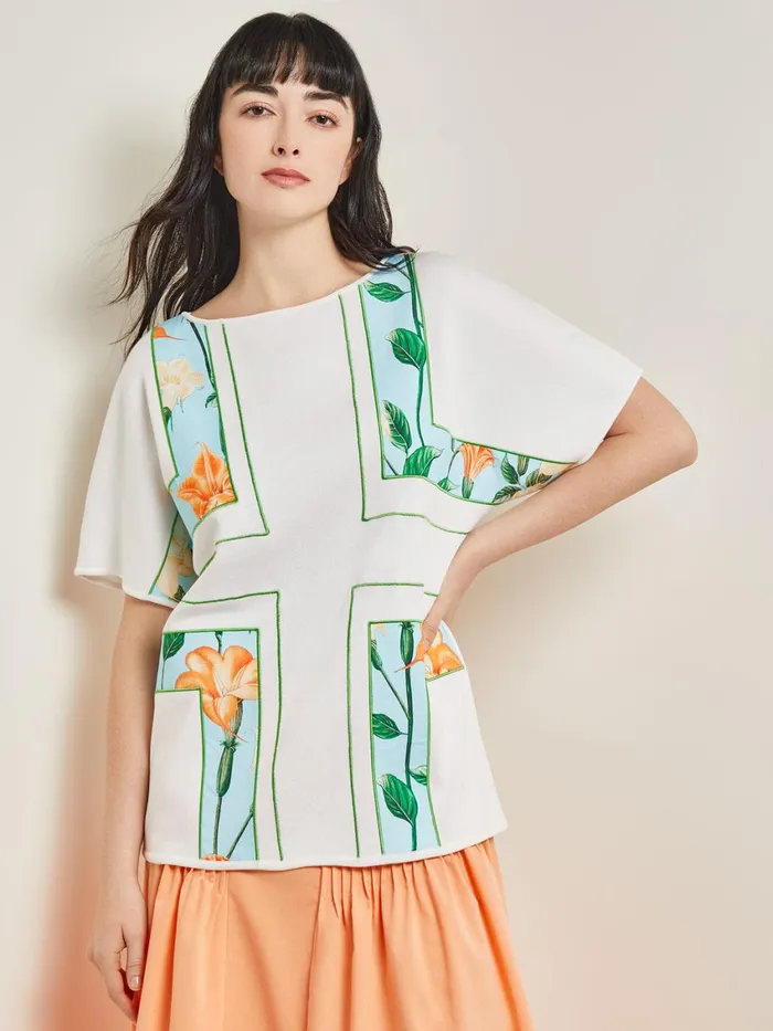 Misook Dolman Sleeve Boat Neck Tunic 8211 Cotton Floral Panel Soft Knit Women Tops and Tees