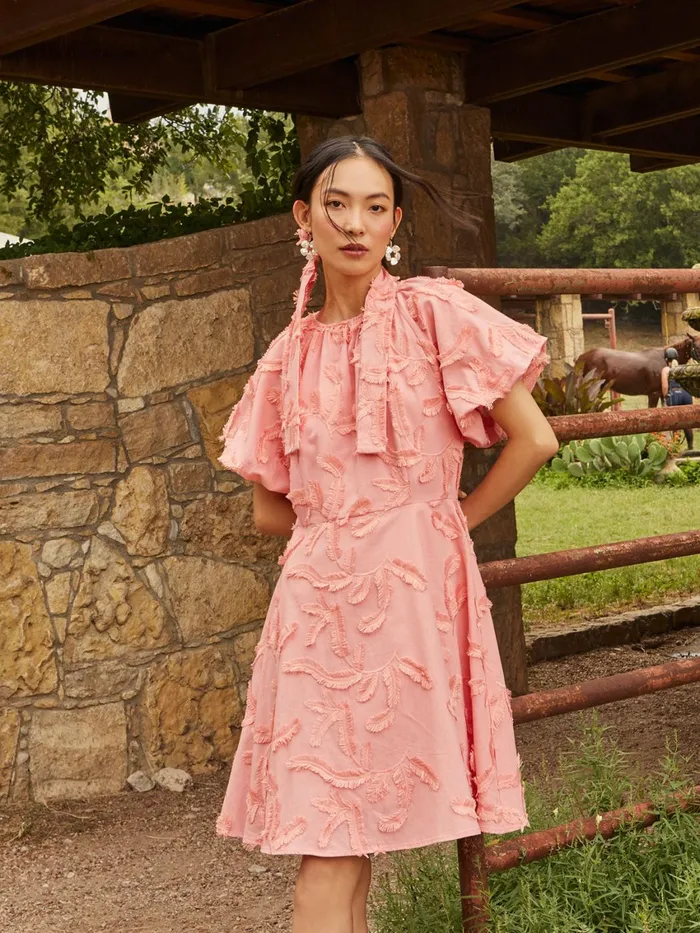 Misook Mini Fit and Flare Dress 8211 Puff Sleeve Fringe Applique Cotton Women Dresses