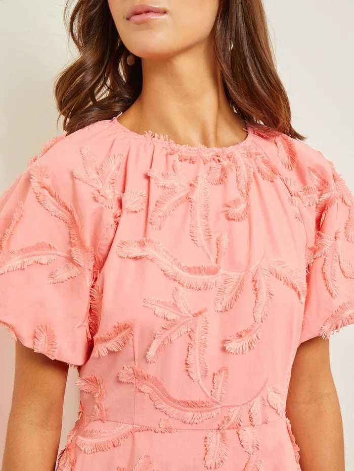 Misook Mini Fit and Flare Dress 8211 Puff Sleeve Fringe Applique Cotton Women Dresses