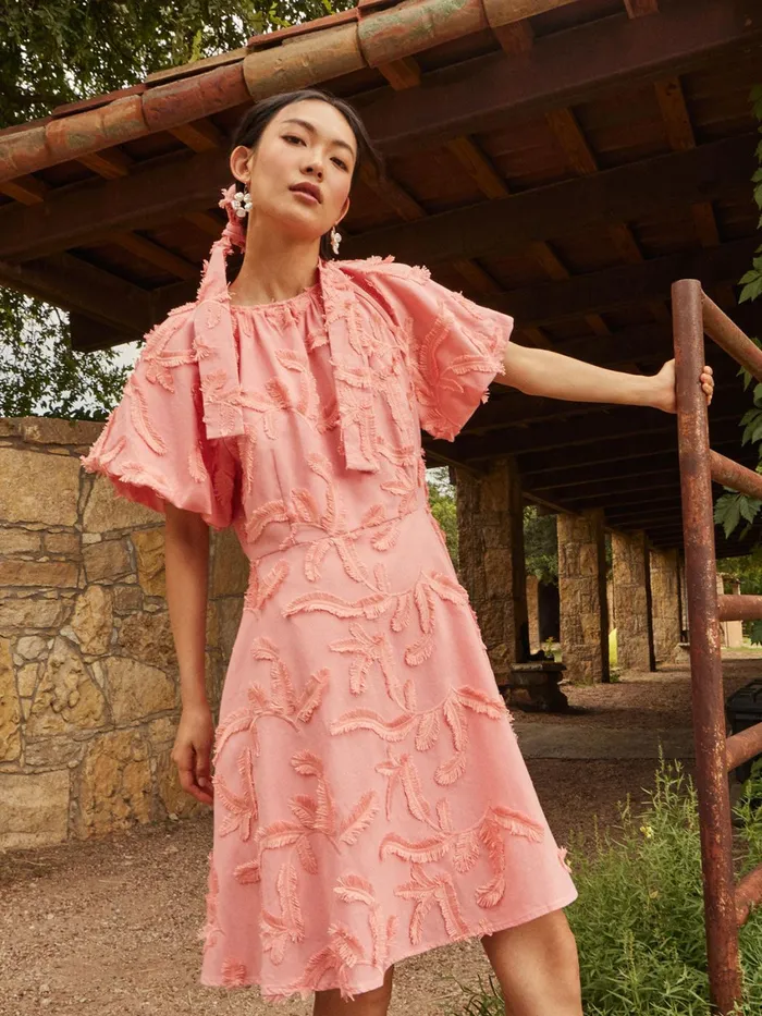 Misook Mini Fit and Flare Dress 8211 Puff Sleeve Fringe Applique Cotton Women Dresses